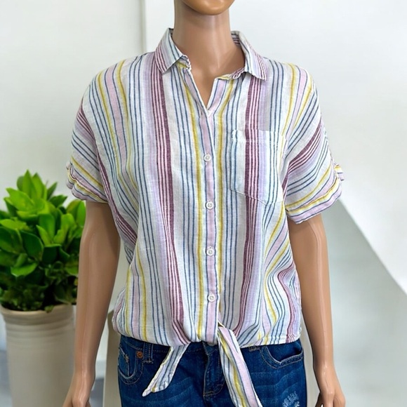 Beach Lunch Lounge Linen Rainbow Brooklyn Womens Stripe Tie-Front Button-DownTop - Picture 11 of 16